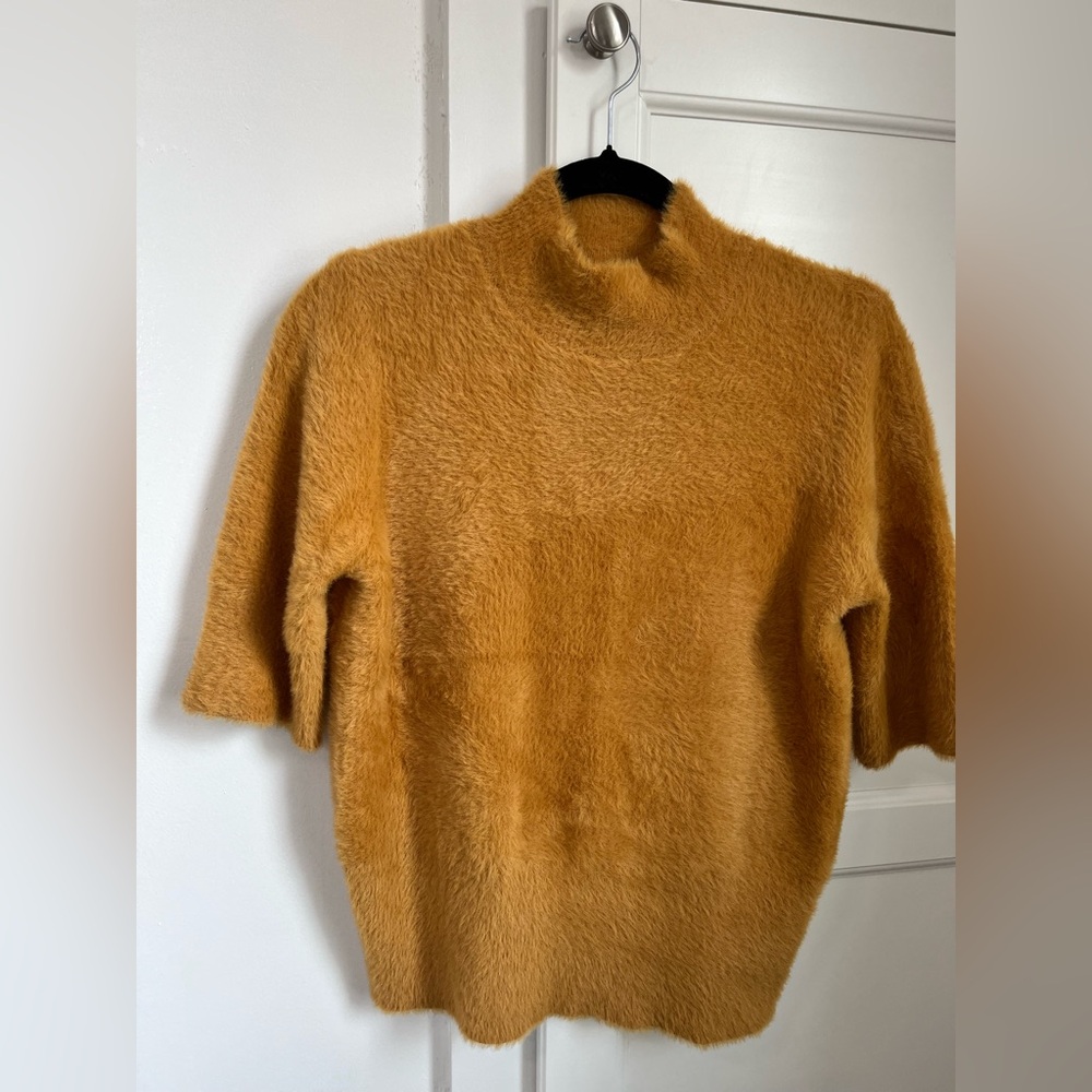 Fuzzy Short Sleeve Mock Neck Mustard Sweater